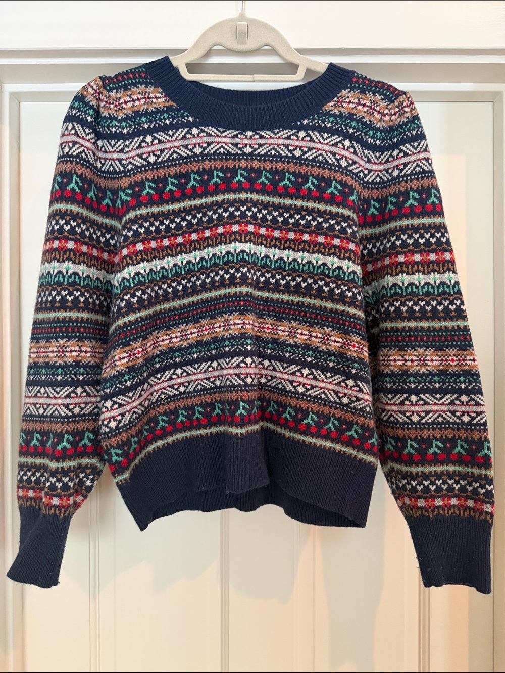 J. Crew Navy Multicolor Fair Isle Cherry Crewneck Sweater with Shoulder Detail